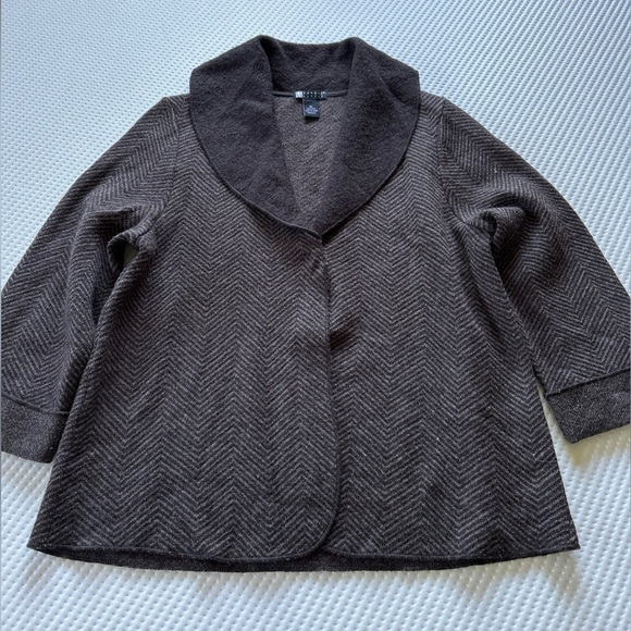 Carole Little 100% Wool Cardigan Gray Herringbone Shawl Collar Size XL - Picture 1 of 6